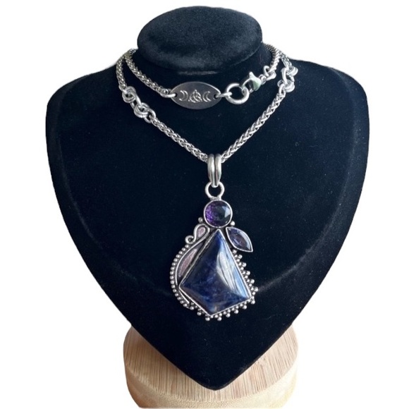 925 Sterling silver overlay amethyst & dark blue sodalite gem boho necklace - Picture 3 of 9